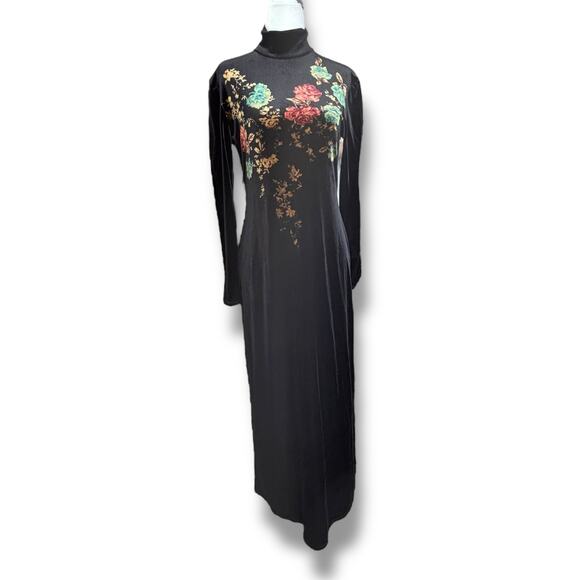 Vintage 90s Carole Little Black Velvet Dark Floral Maxi Dress Mock Neck Romantic - Picture 1 of 8